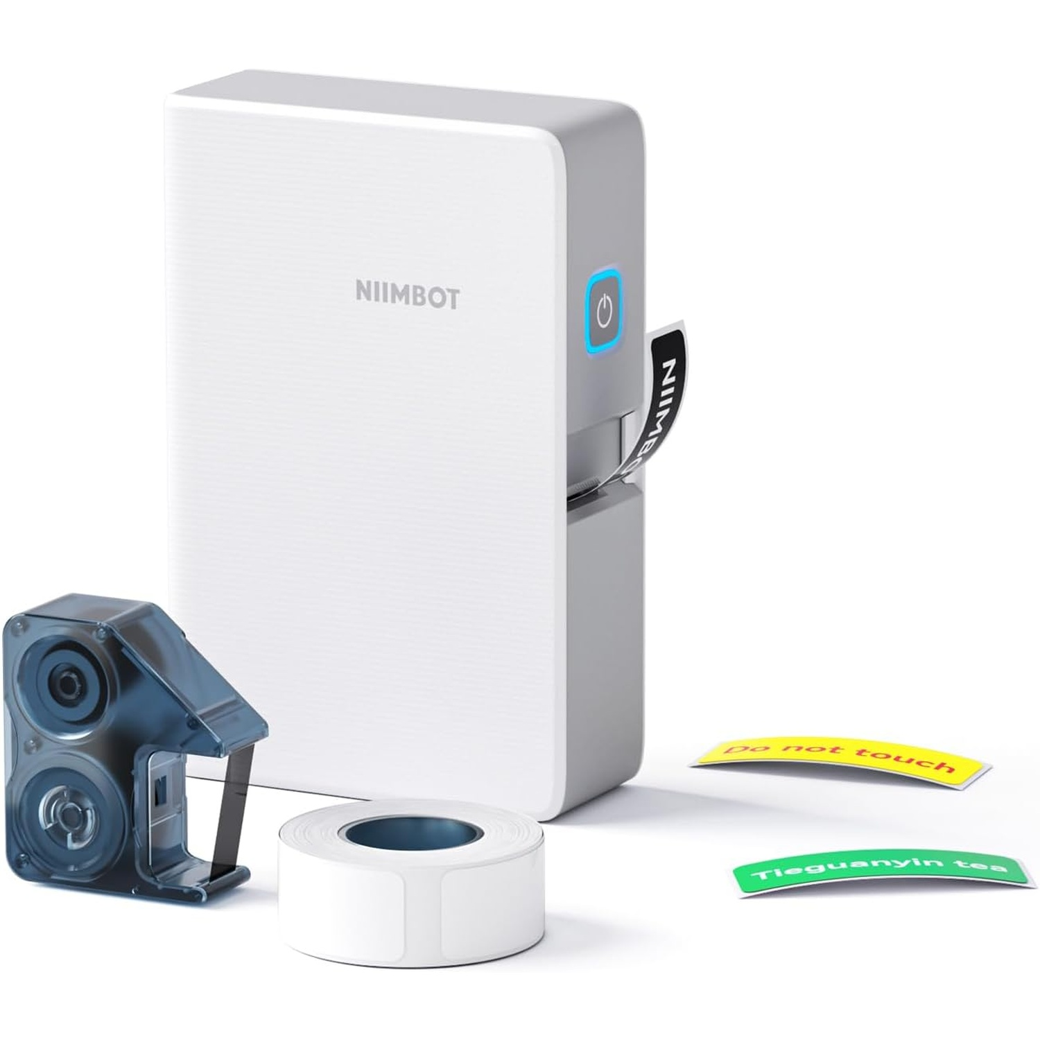 A white Niimbot label maker with spare rolls and printed labels on a white background.