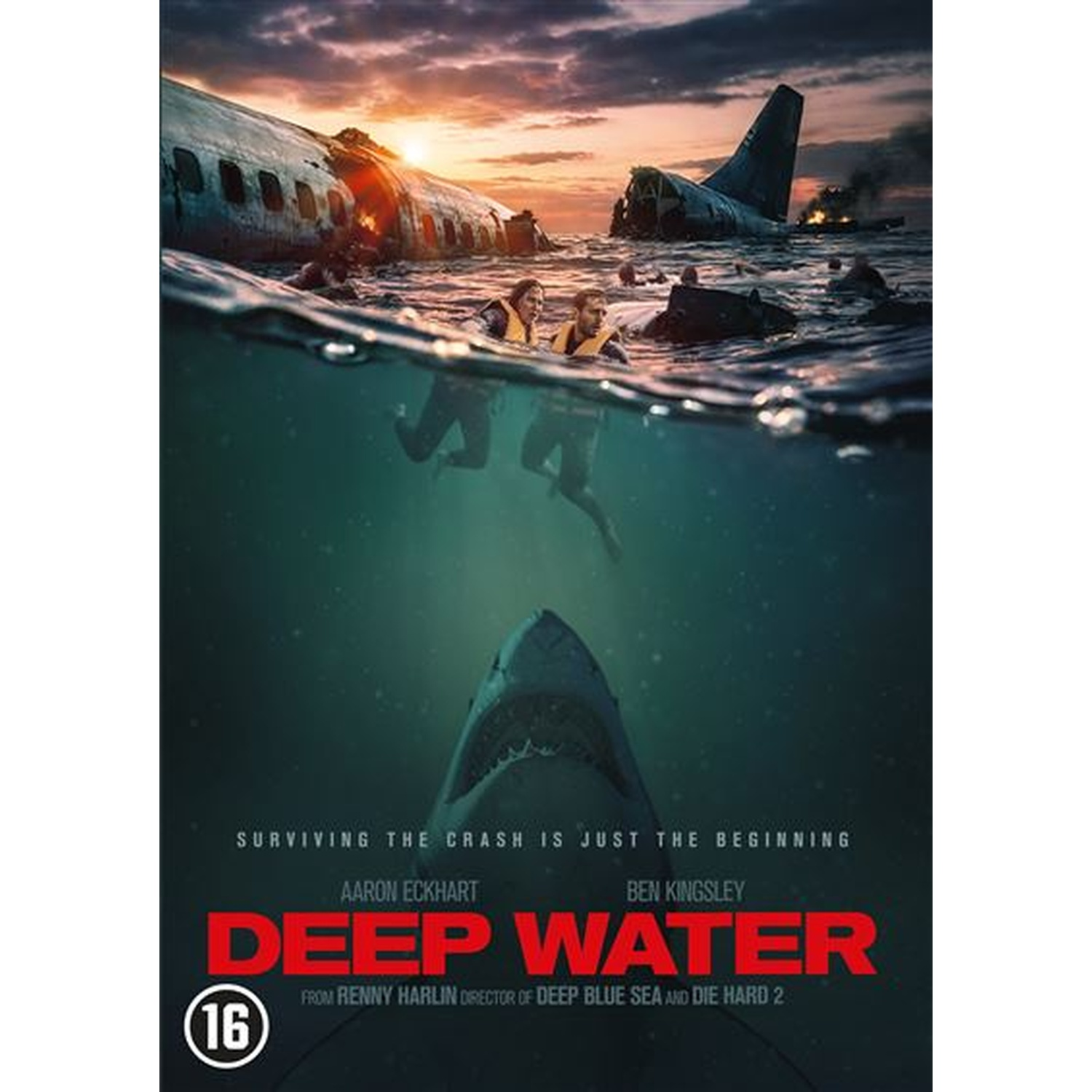 Affiche du film Deep Water montrant un accident d'avion en mer et un requin au premier plan.