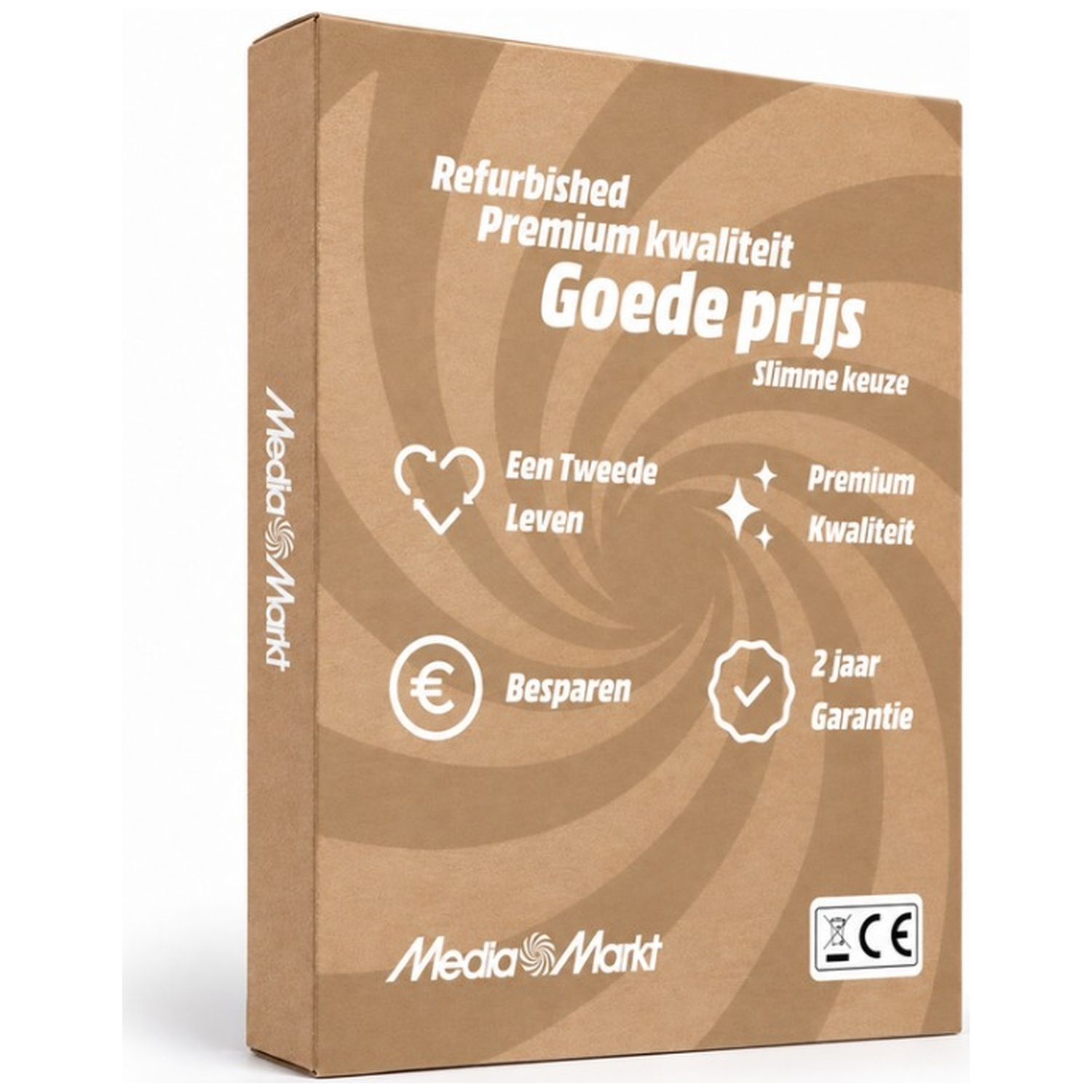Brown MediaMarkt cardboard box featuring white text and symbols for refurbished products.