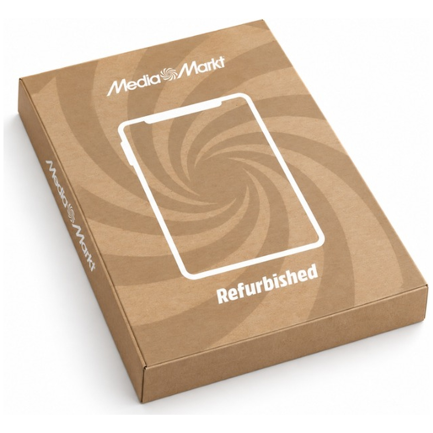 Brown MediaMarkt Refurbished cardboard box with a white tablet outline on a white background.