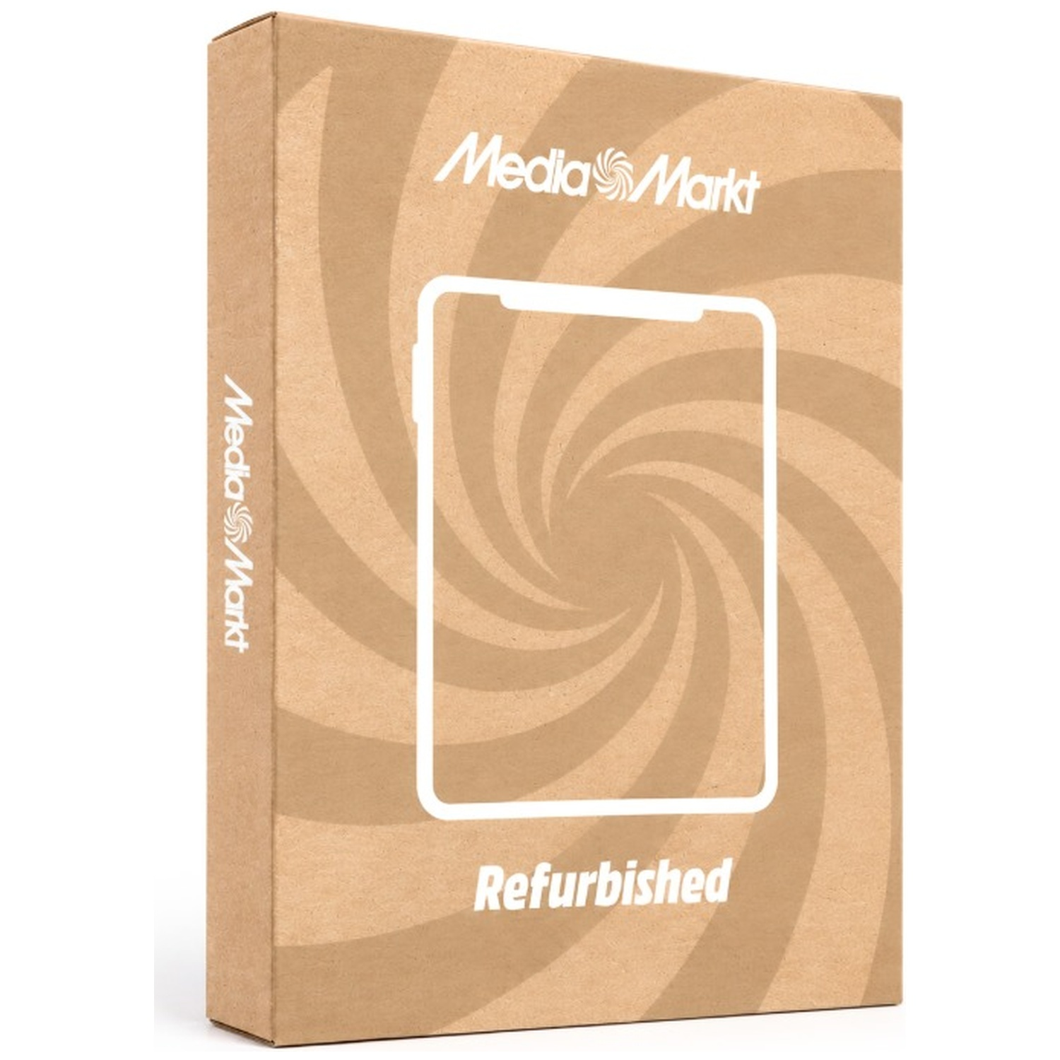 Cardboard box with MediaMarkt logo, a white tablet outline, and Refurbished text on a swirled background.