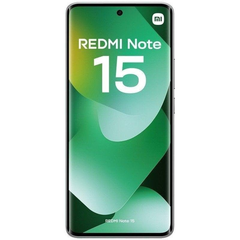 Un smartphone elegante muestra una pantalla verde brillante con el texto 'REDMI Note 15'.