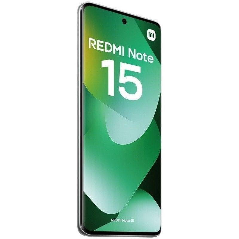 Un teléfono inteligente que muestra 'REDMI Note 15' en su pantalla verde abstracta.