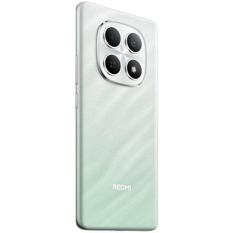 Parte trasera de un smartphone Redmi verde menta con cuatro lentes de cámara en un módulo cuadrado.