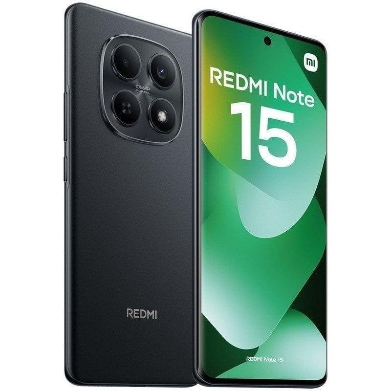 Vista frontal y trasera de un smartphone Redmi Note 15 negro con pantalla verde.
