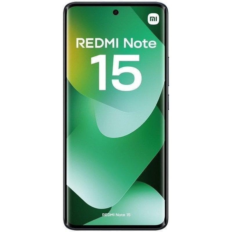 Vista frontal de un smartphone negro con pantalla verde y el texto REDMI Note 15.