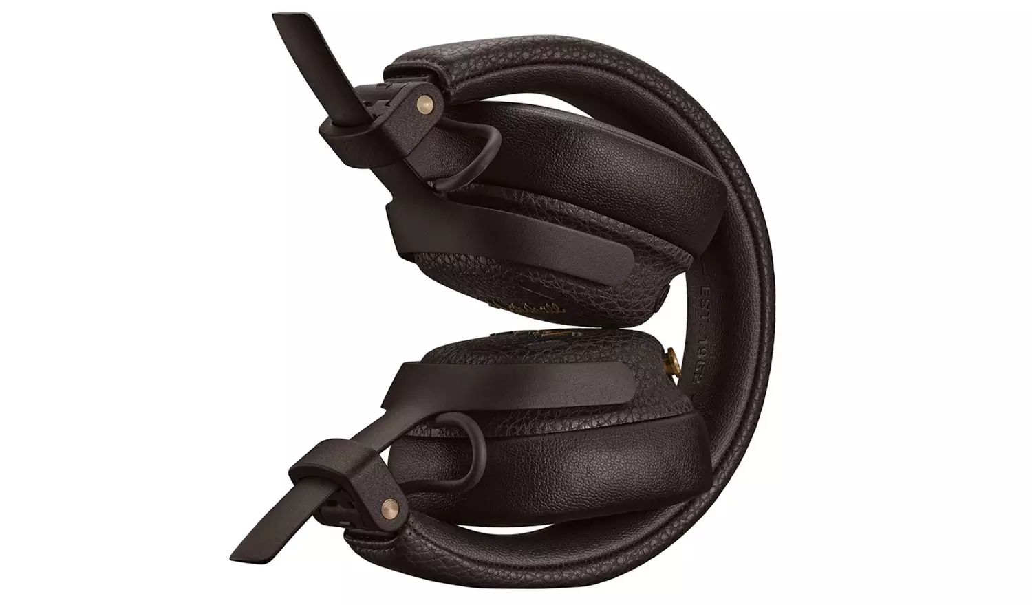 Auriculares supraaurales marrones plegados con cuero texturizado y detalles dorados sobre fondo blanco.