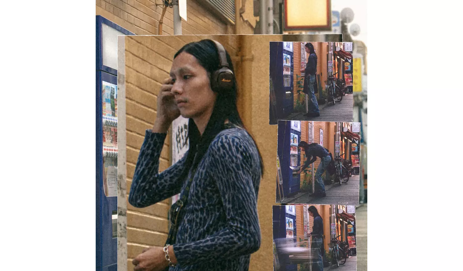 Una persona con cabello negro largo y auriculares está en una calle, con fotos más pequeñas que lo muestran junto a una máquina.