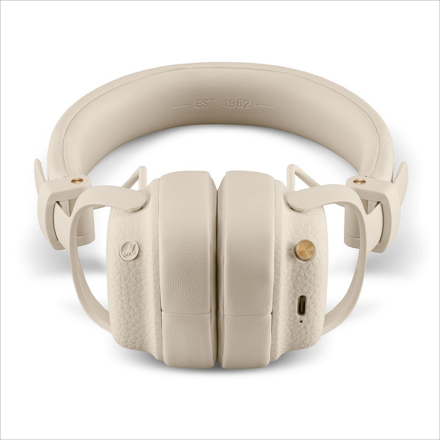 Auriculares supraaurales inalesambricos beige con detalles dorados sobre fondo blanco.