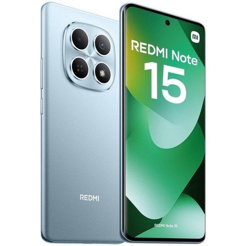 Smartphone Redmi Note 15 azul con cuatro cámaras y pantalla verde.