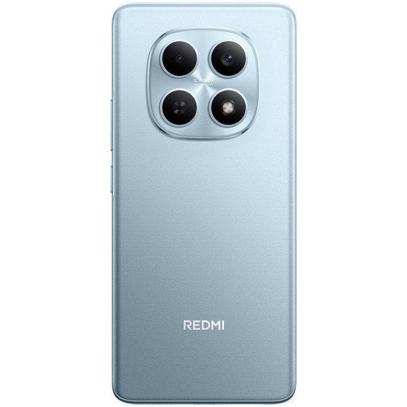 Vista trasera de un smartphone Redmi azul claro con un módulo de cámara cuadrado.