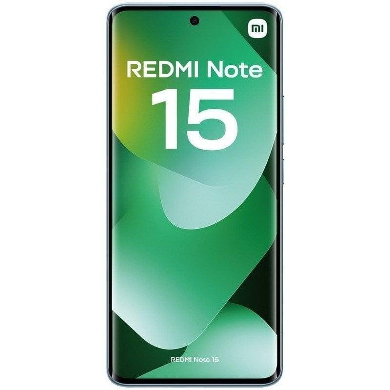 Un smartphone que muestra REDMI Note 15 en su pantalla verde con texto blanco y bordes curvos.