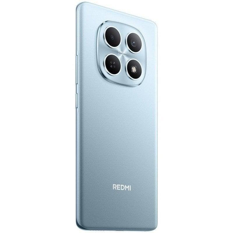 Panel trasero de smartphone Redmi azul claro con módulo de cámara cuadrado que contiene cuatro lentes y logo.