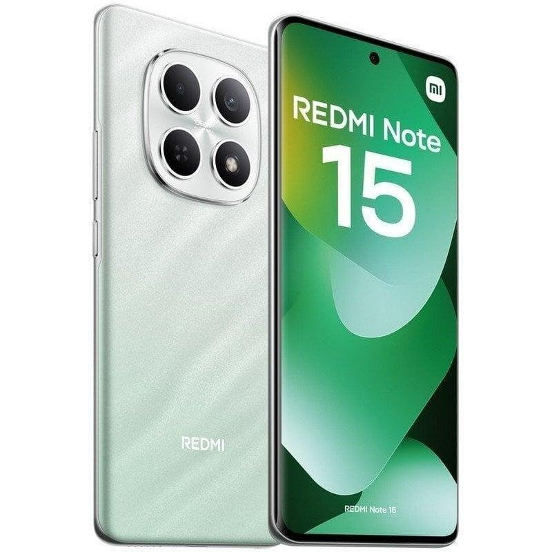 Dos vistas de un smartphone Redmi Note 15 verde claro, frente con pantalla verde y parte trasera con cuatro cámaras.