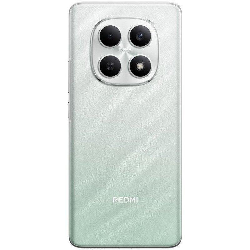 Parte trasera de un smartphone Redmi verde plateado con un módulo de cámara cuádruple y logotipo.