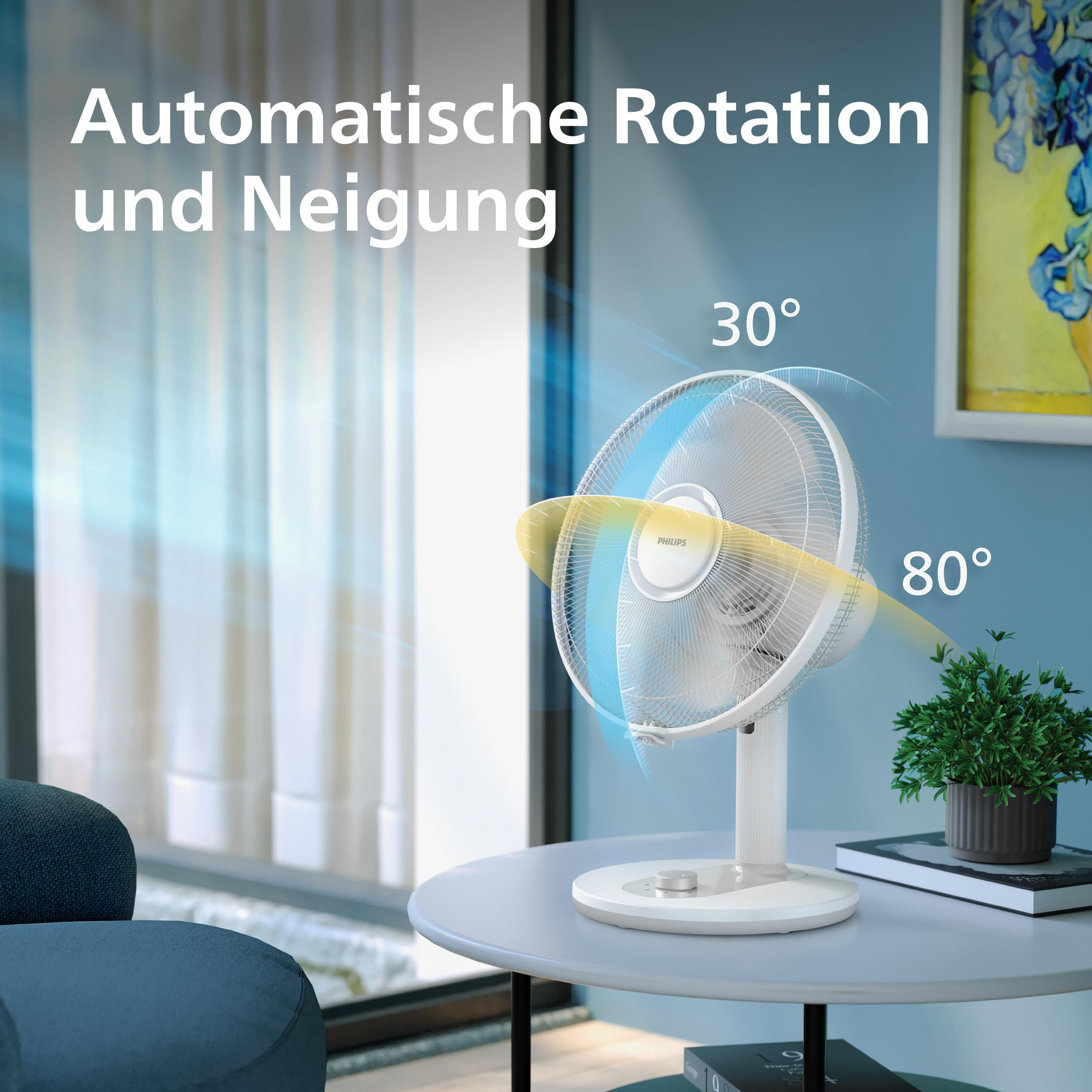 Weißer Philips Tischventilator auf einem runden Tisch, der Rotation und Neigung zeigt.