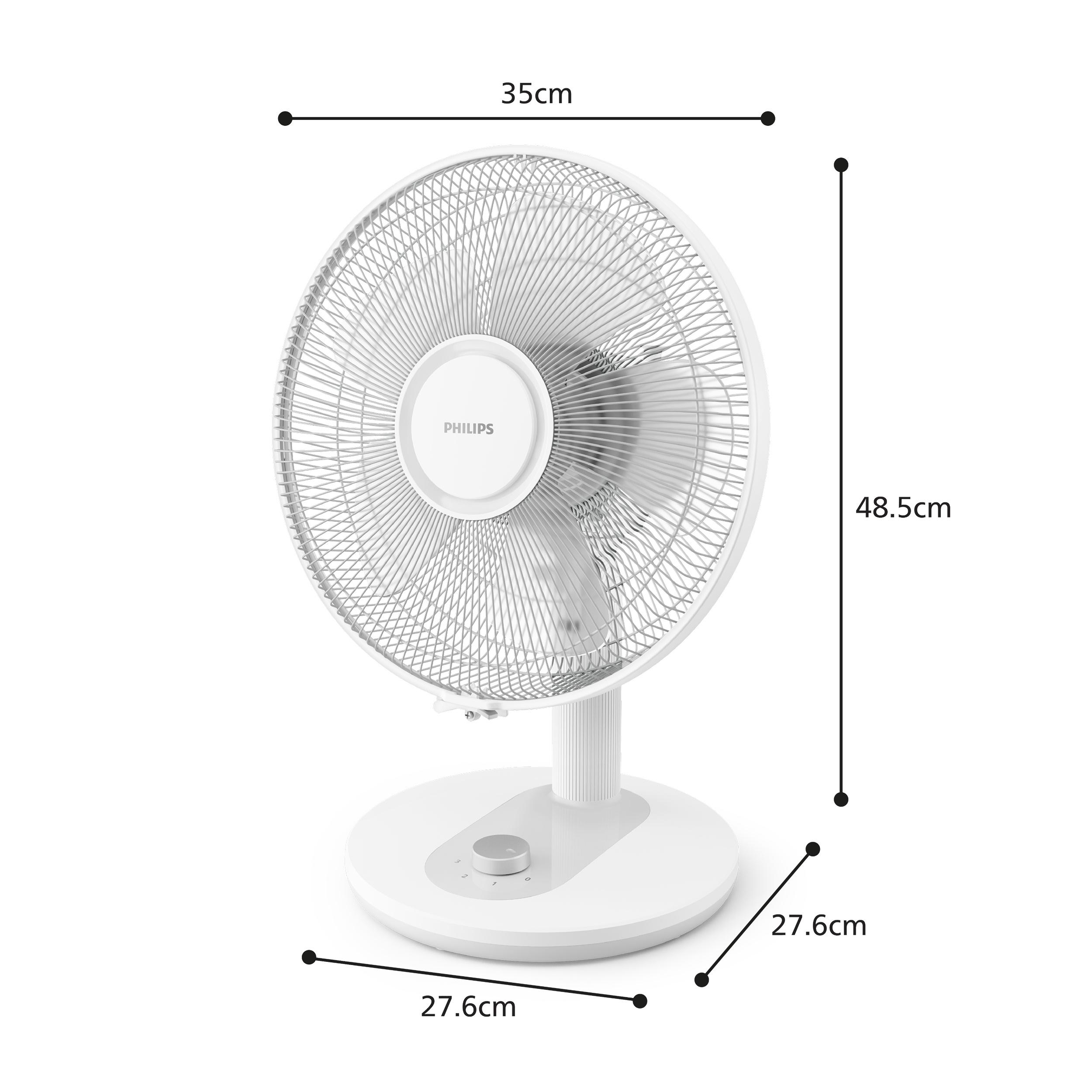 Weißer Philips Tischventilator mit Maßangaben: 35cm Breite, 48,5cm Höhe und 27,6cm Tiefe.