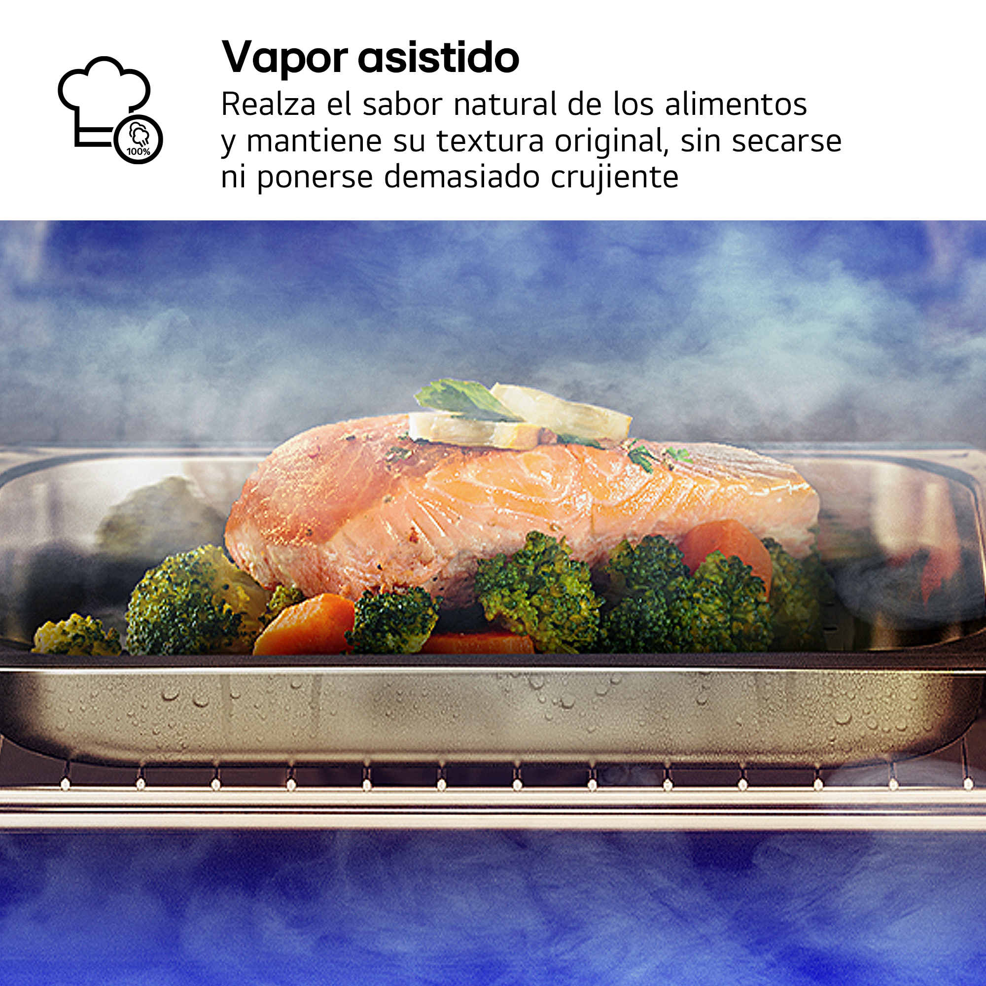 Salmón con brócoli y zanahorias en un horno con vapor asistido.