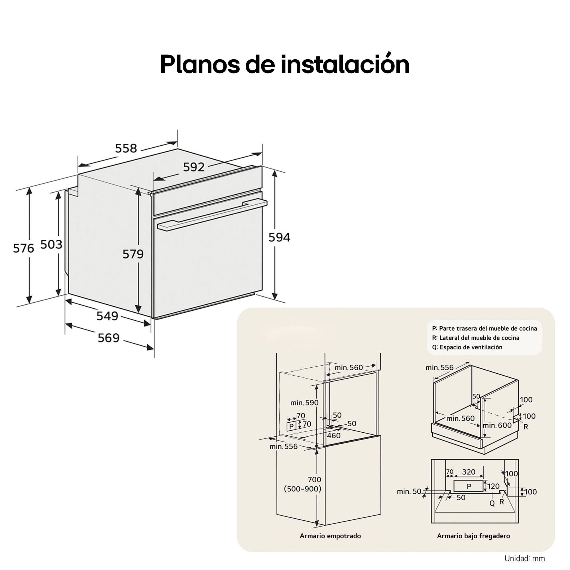 Plano de instalación de un horno empotrado con medidas en milímetros.
