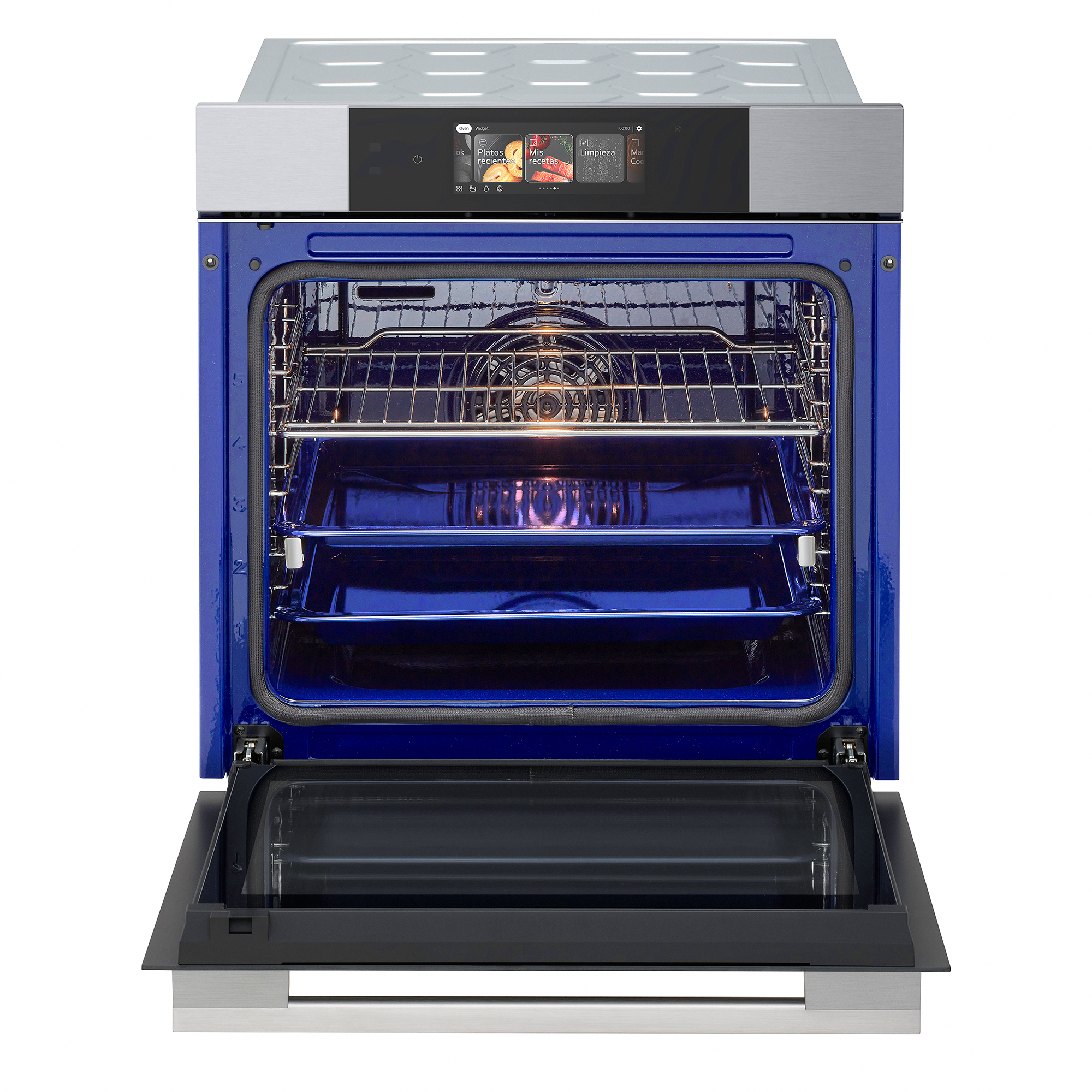 Horno de acero inoxidable con interior azul abierto, rejillas, bandejas y panel digital.