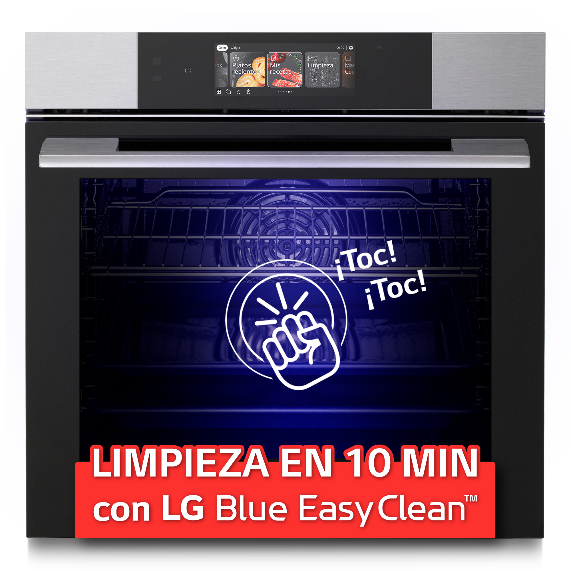 Horno moderno con pantalla digital, interior azul y texto sobre limpieza en 10 minutos.