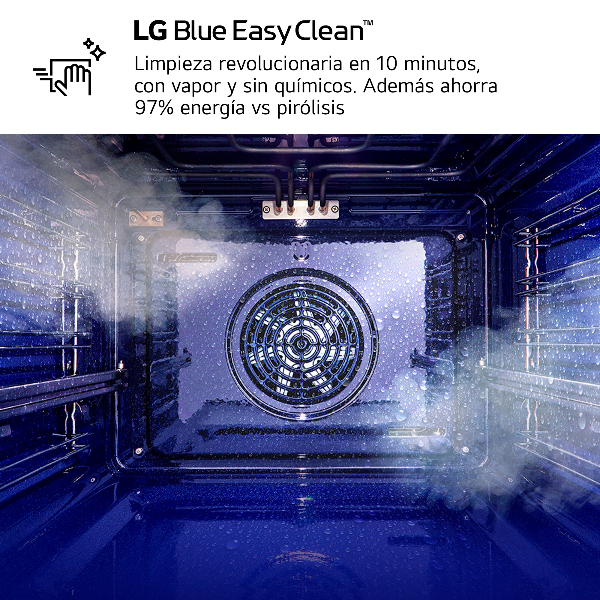 El interior de un horno azul LG muestra limpieza a vapor con gotas de agua.