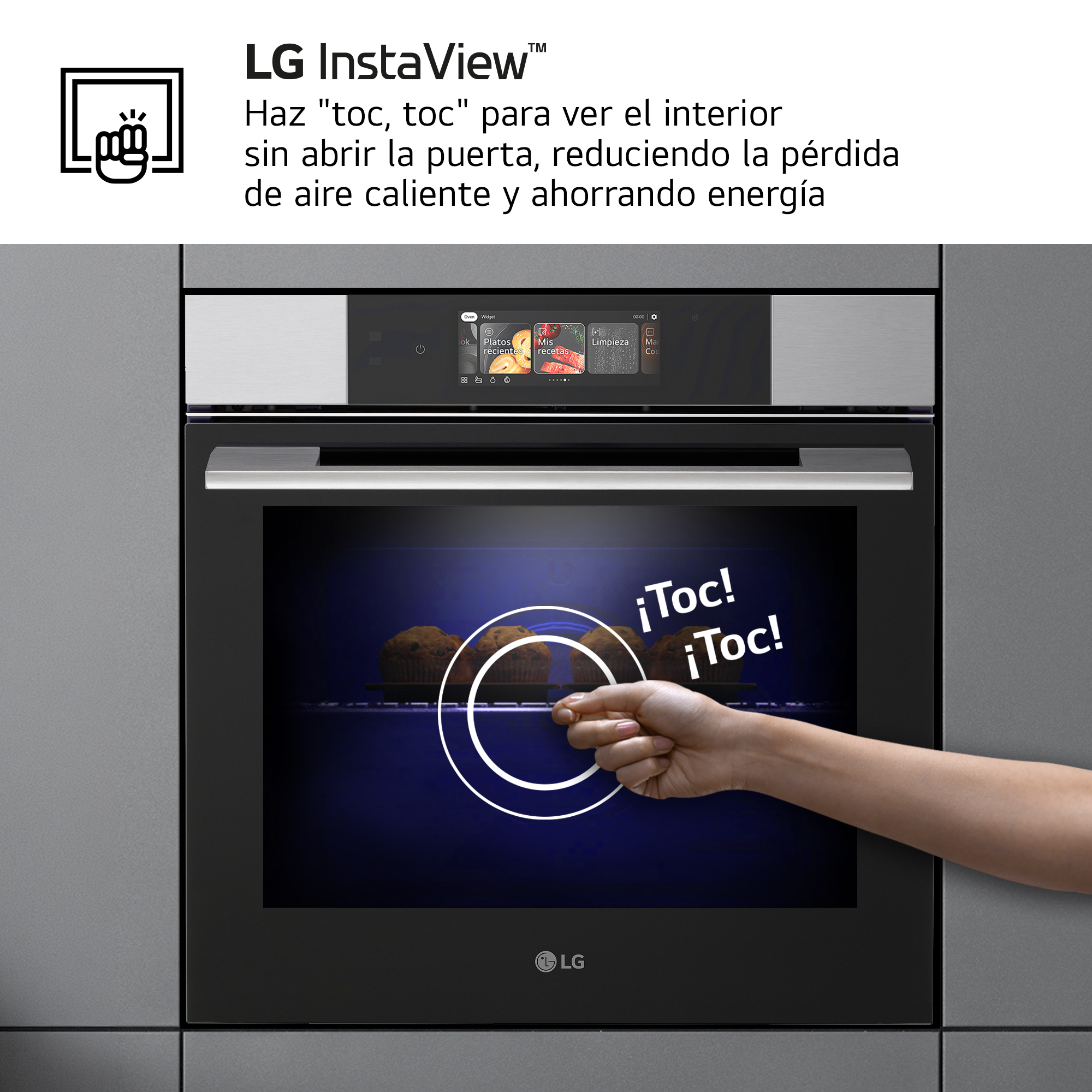 Mano toca el horno LG para ver el interior con InstaView.
