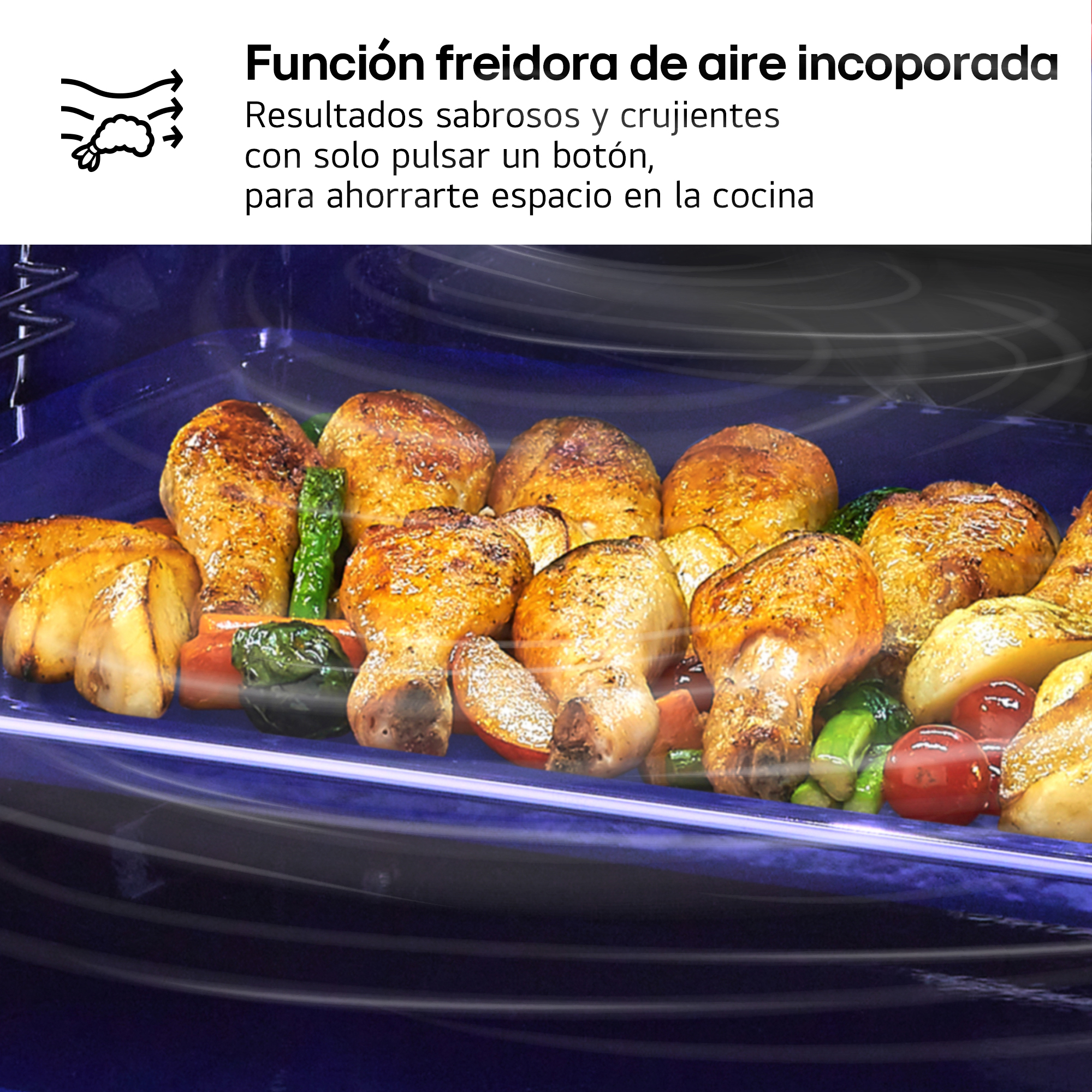 Bandeja de horno con muslos de pollo asados, patatas y verduras, con texto sobre freidora.