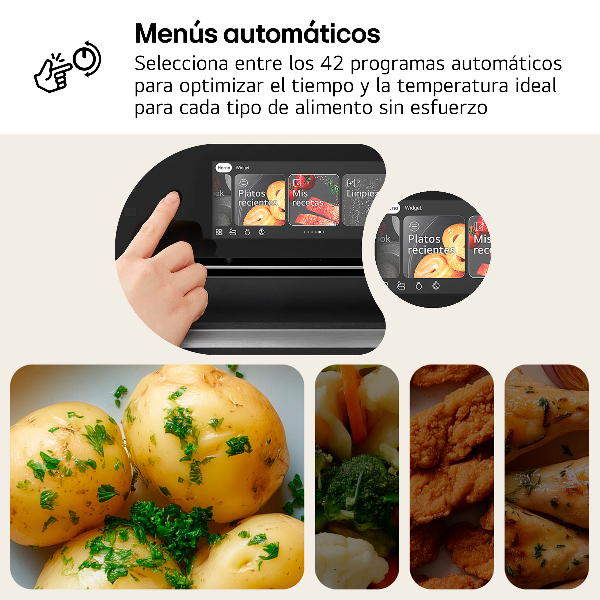 Un horno con pantalla táctil muestra programas de cocina, abajo hay patatas, verduras, nuggets y pollo.