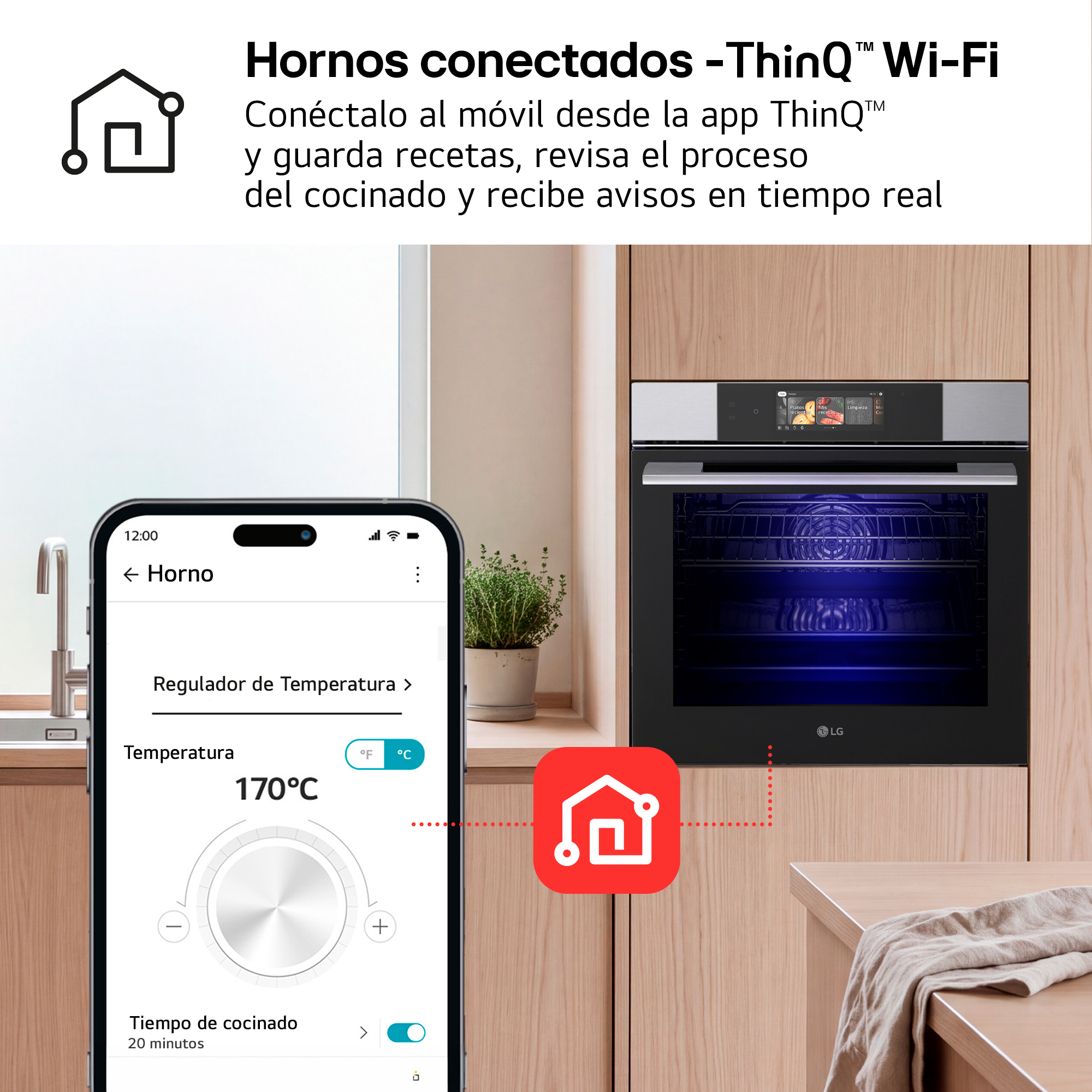 App de móvil controla un horno por Wi-Fi, mostrando control de temperatura.