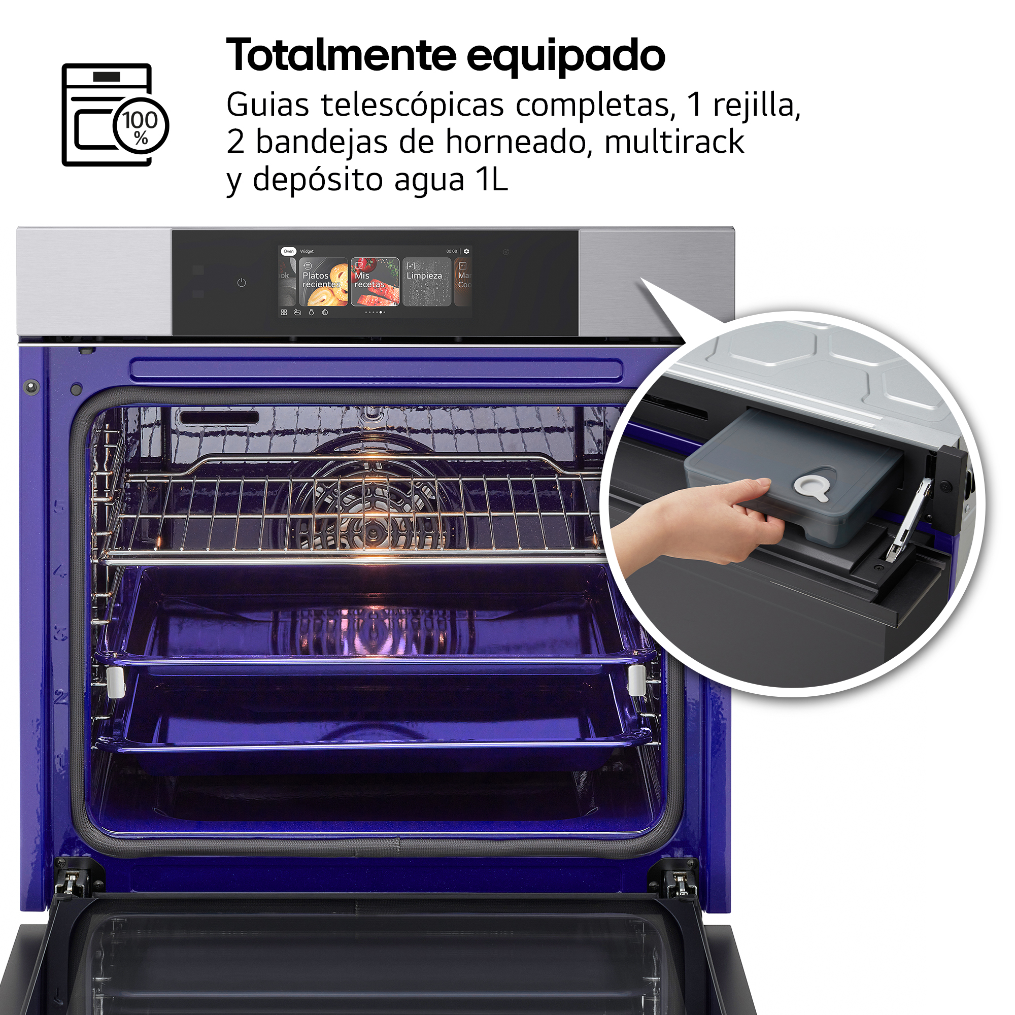 Horno abierto con interior azul, rejillas metálicas, bandejas y un depósito de agua insertado arriba a la derecha.