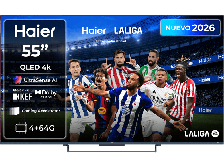 TV QLED 55" - Haier S90 Series H55S90GUX, 4K HDR10+, Google TV, Dolby Atmos, Sonido KEF, Gaming 144Hz, Negro