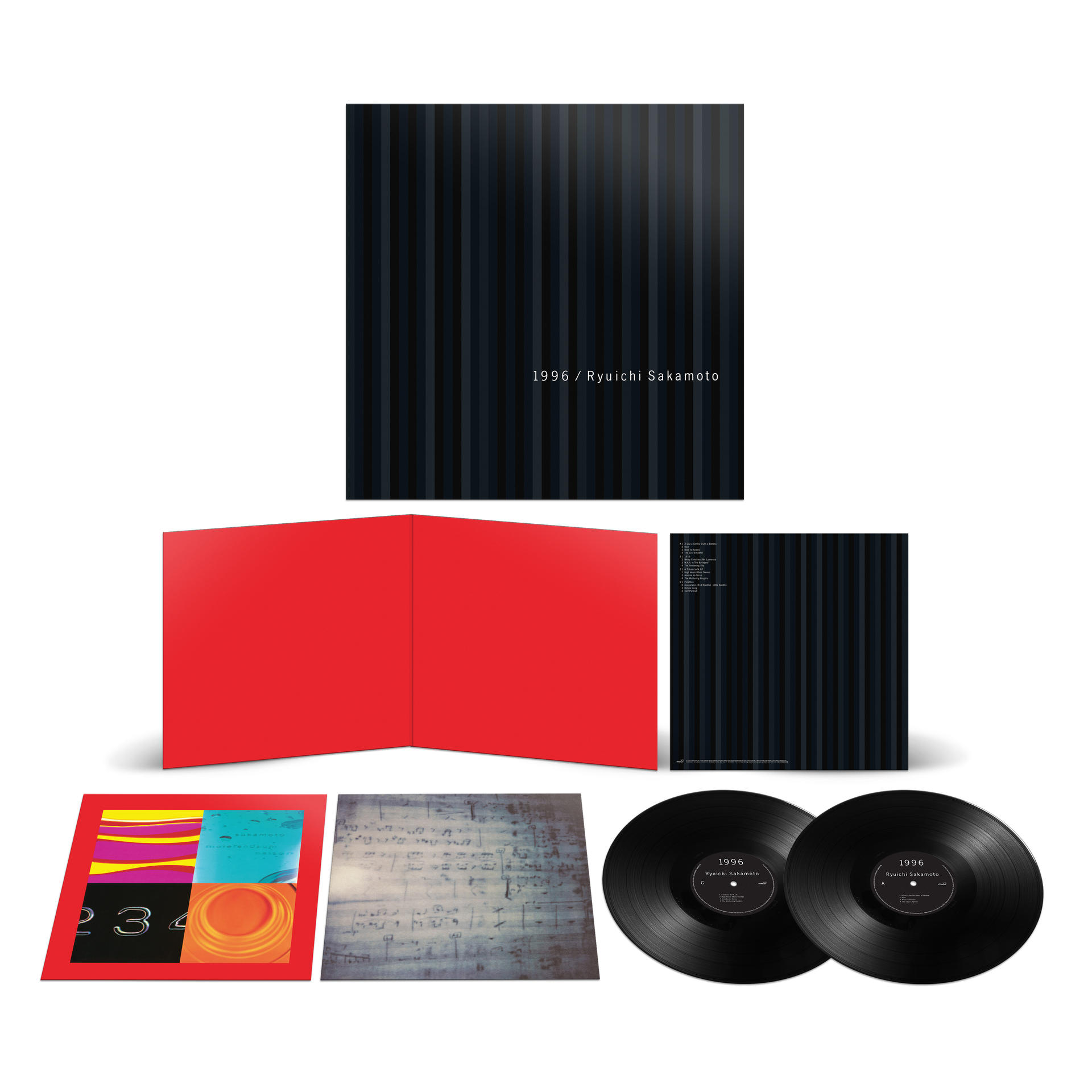 Ryuichi Sakamoto 1996 Vinyl-Set mit Cover, roter Innenseite, Beilagen und zwei schwarzen Schallplatten.