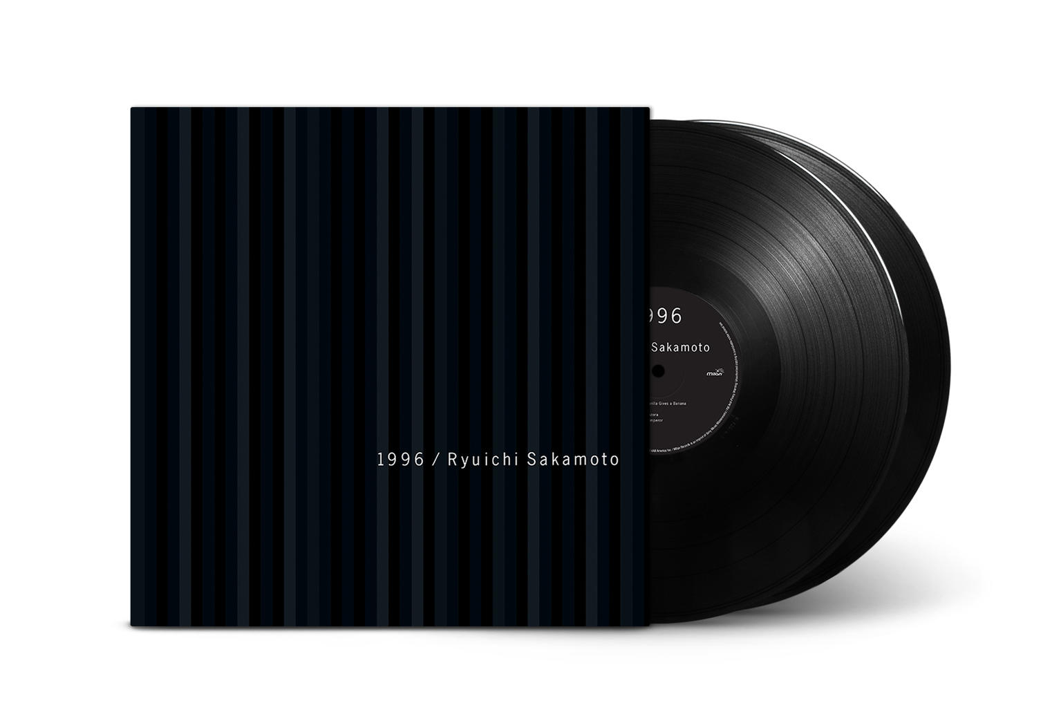 Schwarzes Vinyl-Albumcover mit blauen vertikalen Streifen und der Aufschrift 1996 / Ryuichi Sakamoto neben der Platte.