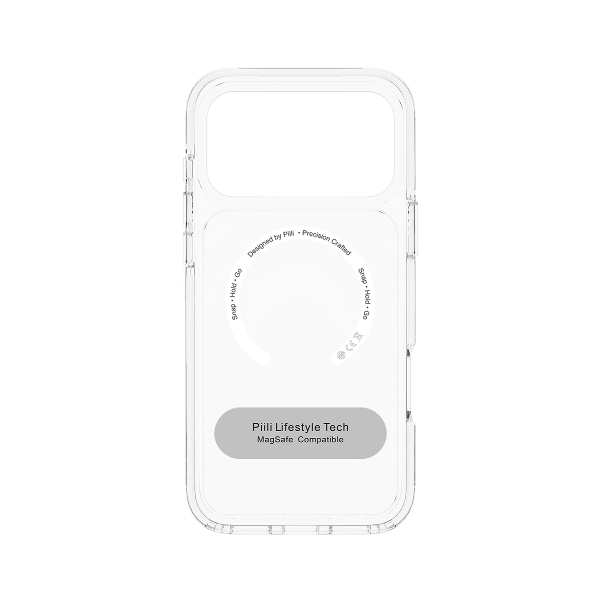 Siyah arka plan üzerinde metin içeren şeffaf MagSafe telefon kılıfı.