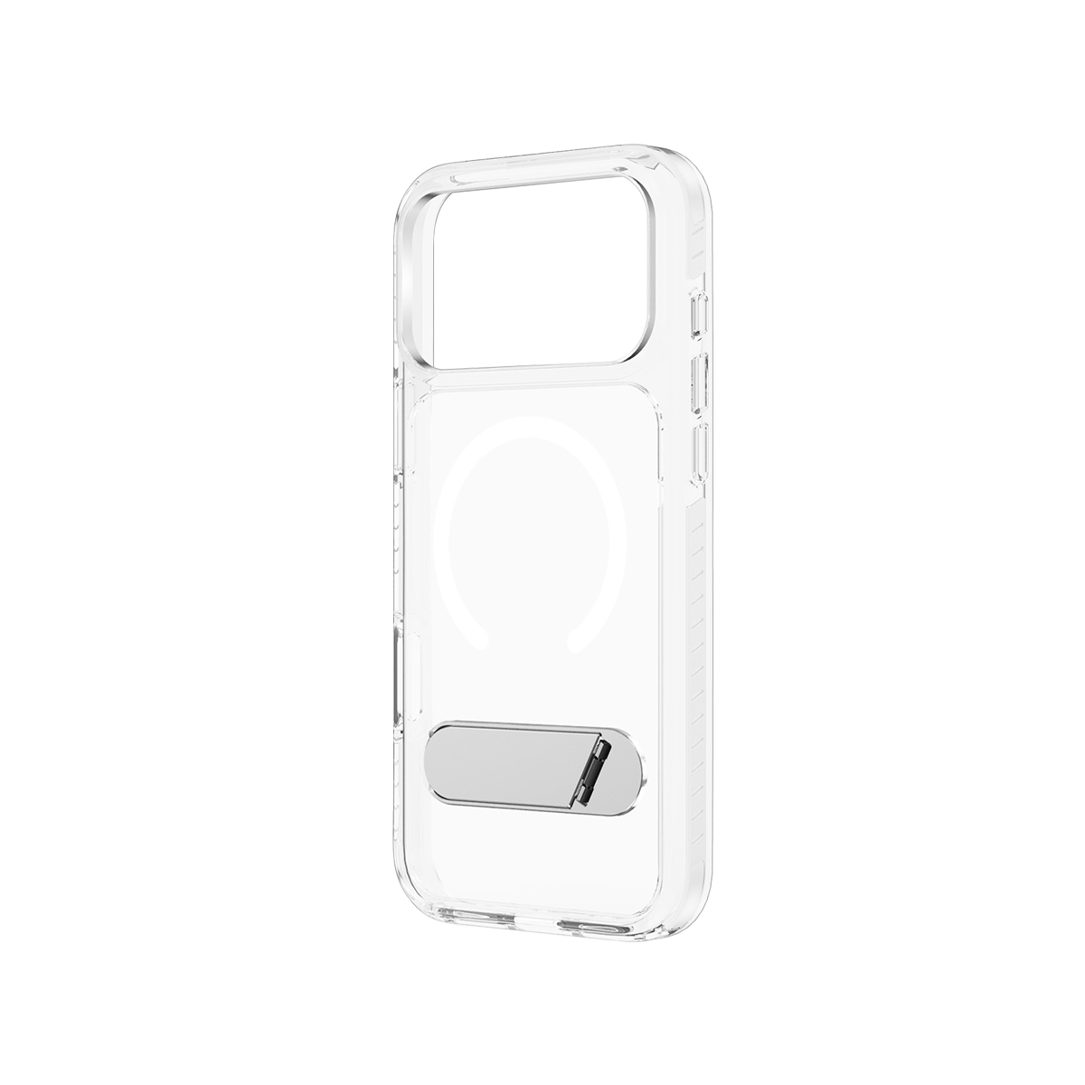 Siyah arka plan üzerinde MagSafe halkalı ve metal standlı şeffaf telefon kılıfı.