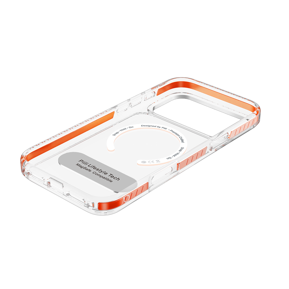 Siyah arka planda turuncu detaylara ve entegre MagSafe halkasına sahip şeffaf telefon kılıfı.
