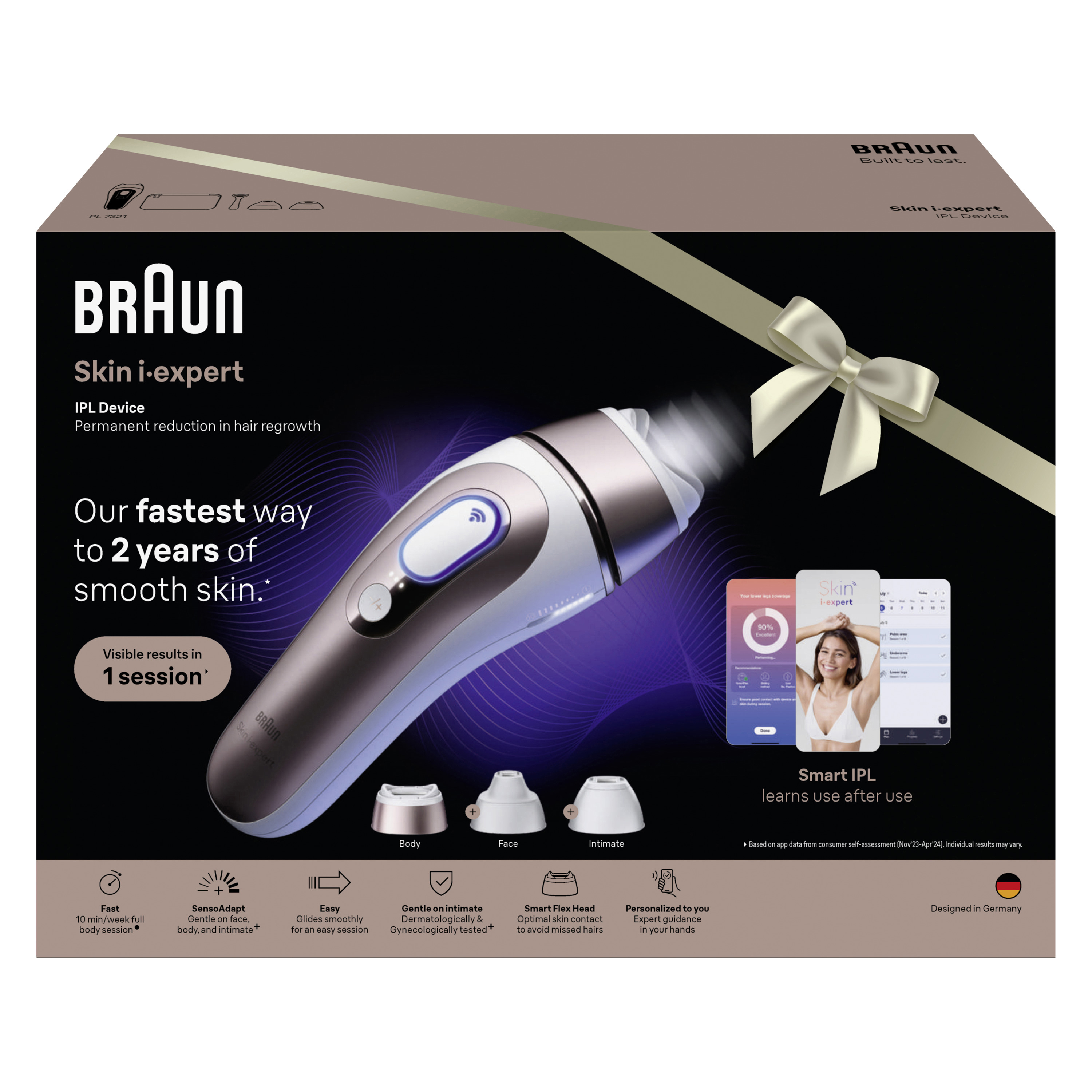 BRAUN Skin i-expert Pro IPL PL7321 - Golden Ribbon IPL-Lasergerät (Gold, mit Smart Flex Aufsatz, 2 Aufsätze, Tasche, Venus Rasierer, Netzbetrieb)