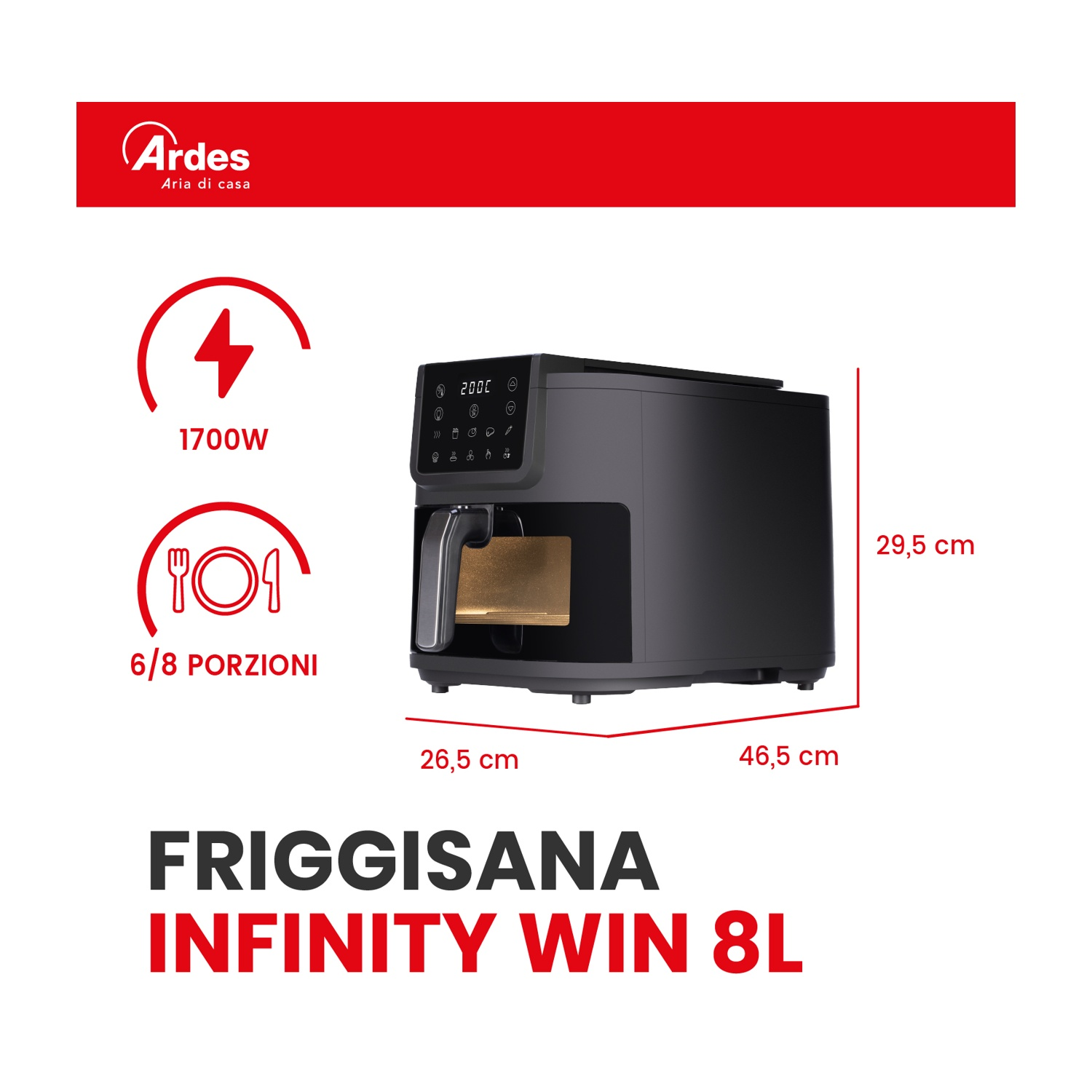 Friggitrice ad aria Ardes Friggisana Infinity Win 8L con 1700W, dimensioni e capacità.