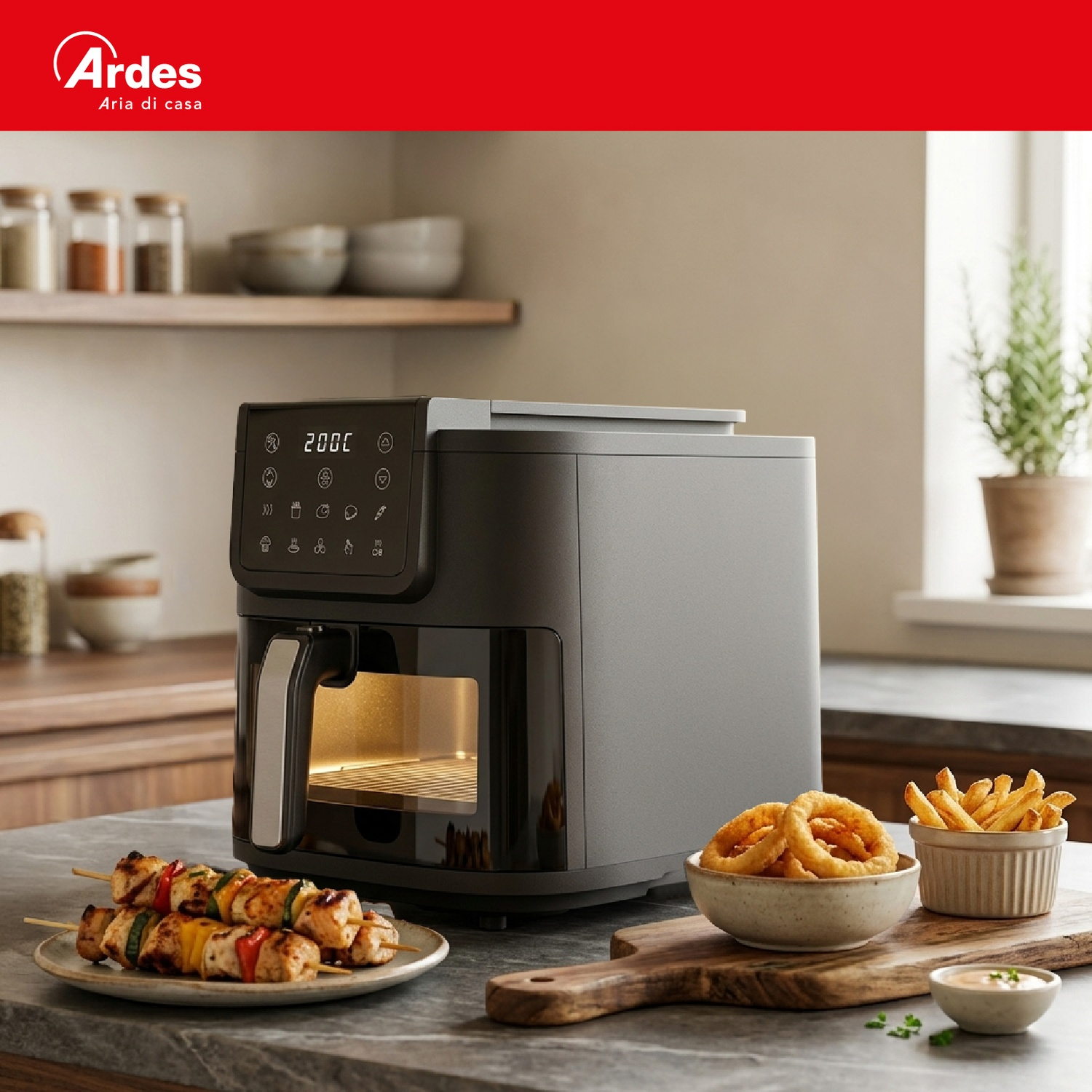Friggitrice ad aria nera su un piano cucina con spiedini, patatine e anelli di cipolla.