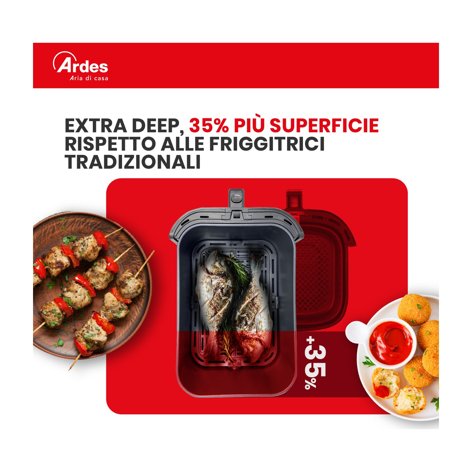 Un cestello per friggitrice ad aria Ardes con pesce, affiancato da spiedini di carne e snack fritti con ketchup.