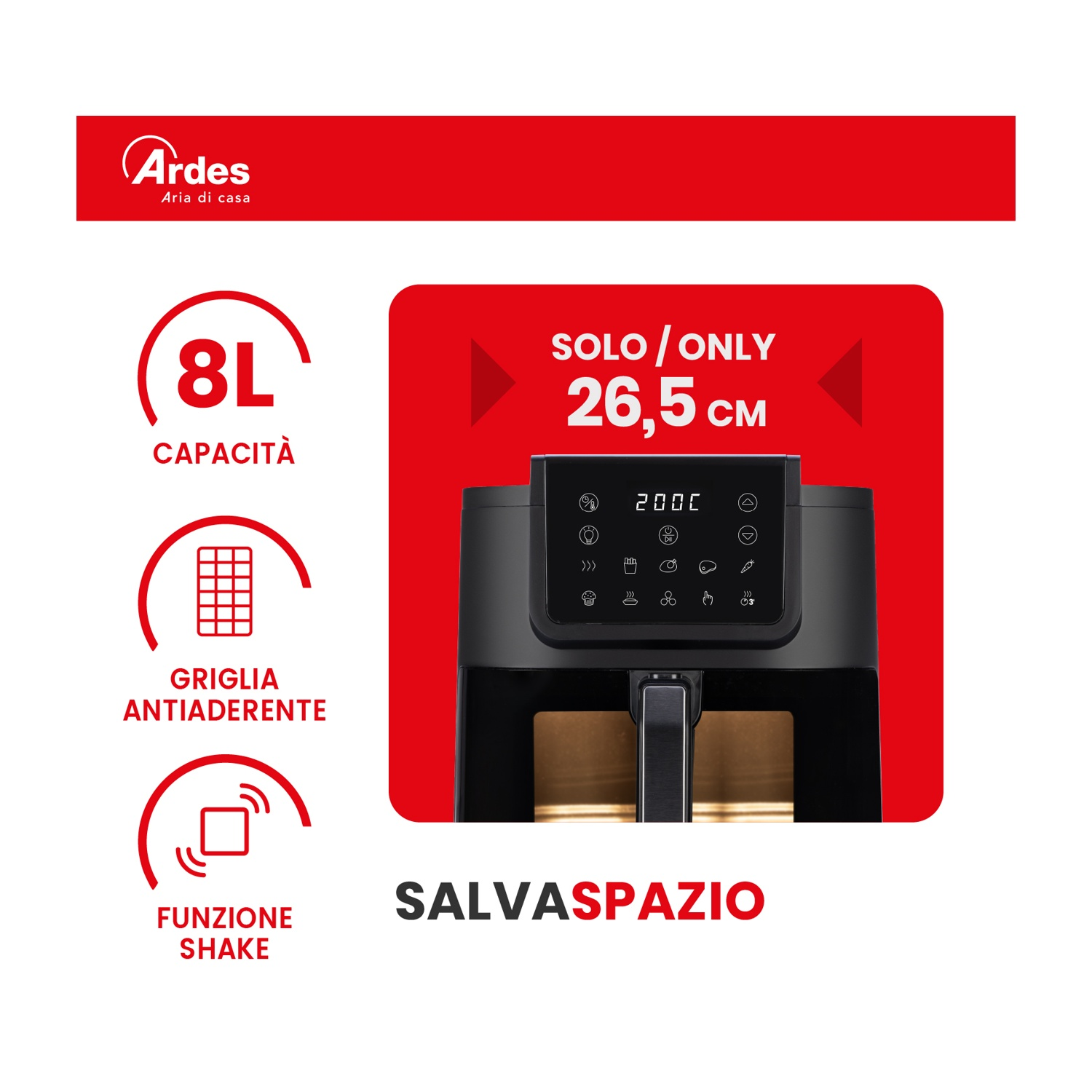 Friggitrice ad aria nera con display touch, capacità 8L e testo promozionale.
