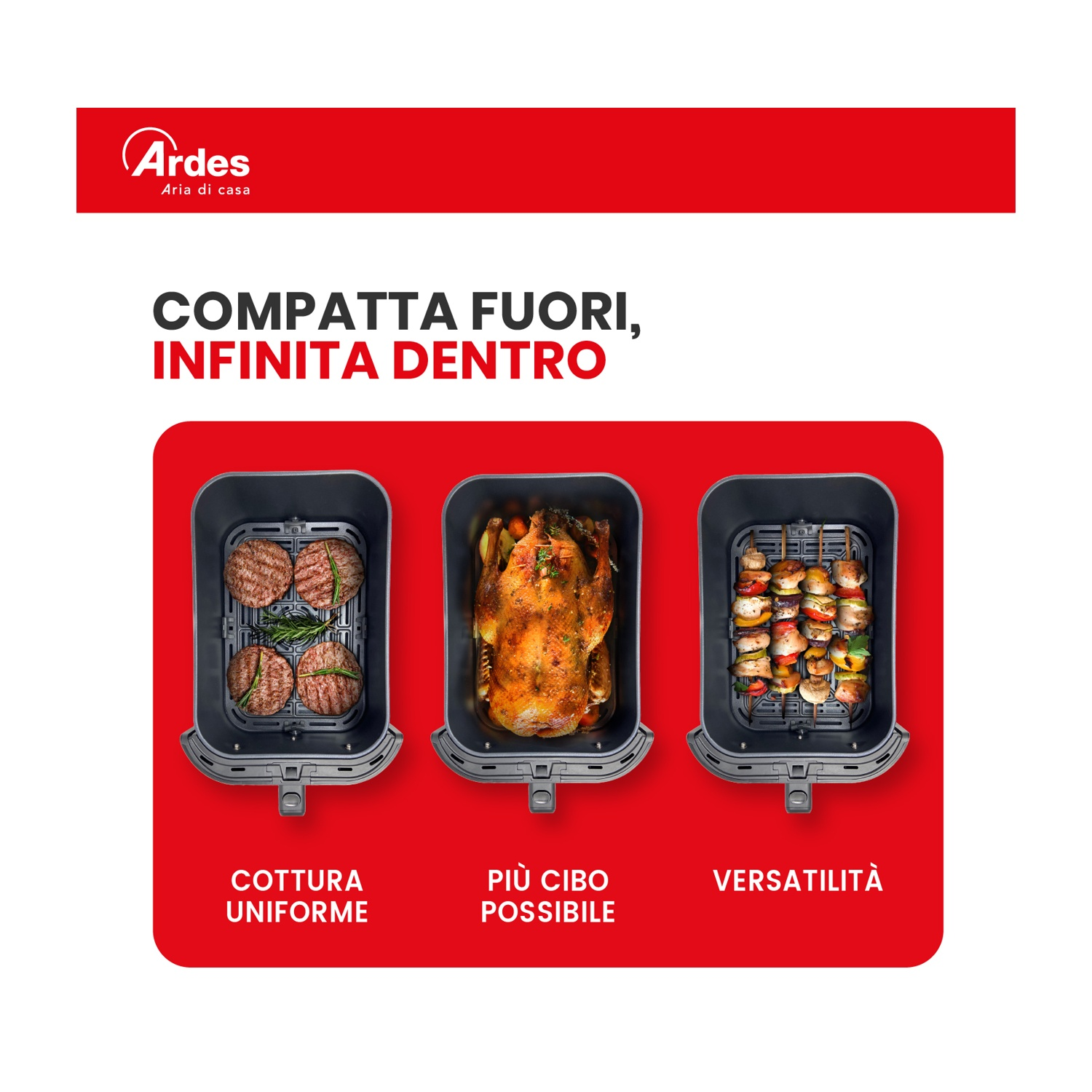 Friggitrice ad aria Ardes con tre cestelli con hamburger, un pollo intero e spiedini.