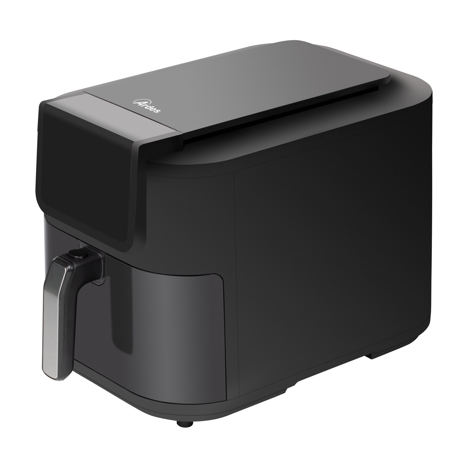 Friggitrice ad aria Ardes nera con display digitale e comoda maniglia su sfondo bianco.