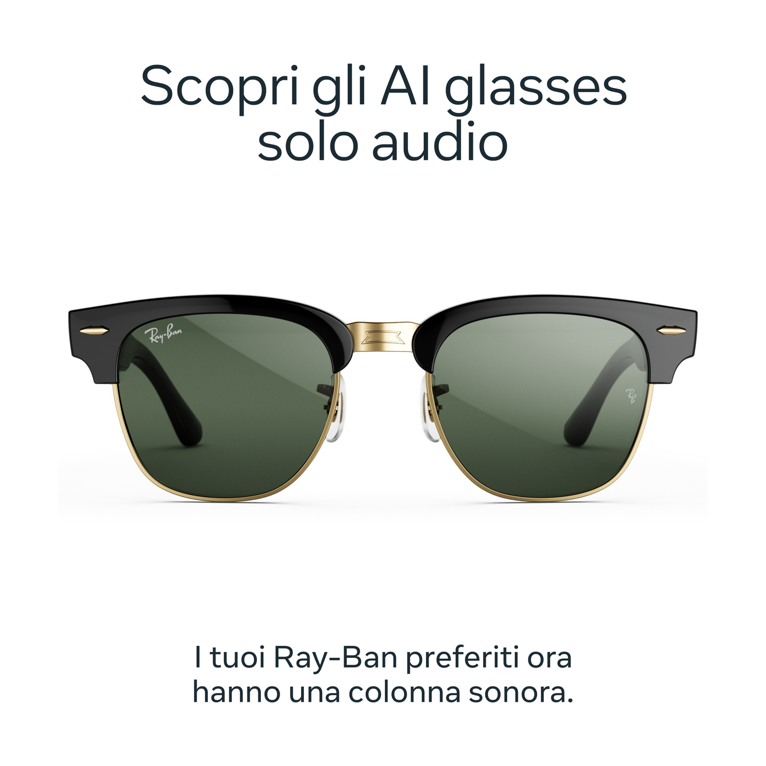 Occhiali da sole Ray-Ban con montatura nera e dettagli dorati su sfondo bianco, con testo in italiano.