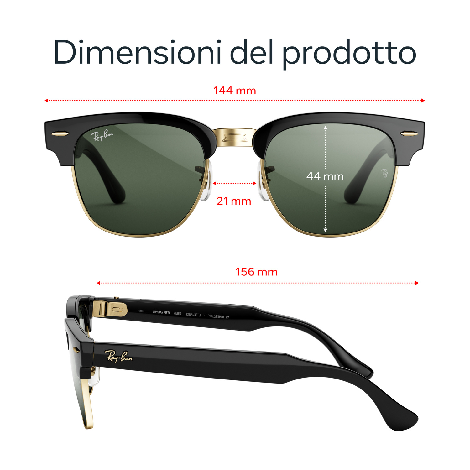 Disegno tecnico con le dimensioni degli occhiali da sole Ray-Ban Clubmaster in vista frontale e laterale.