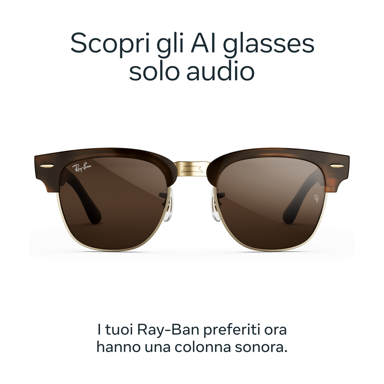 Occhiali da sole Ray-Ban con lenti marroni, montatura dorata e testo in italiano.