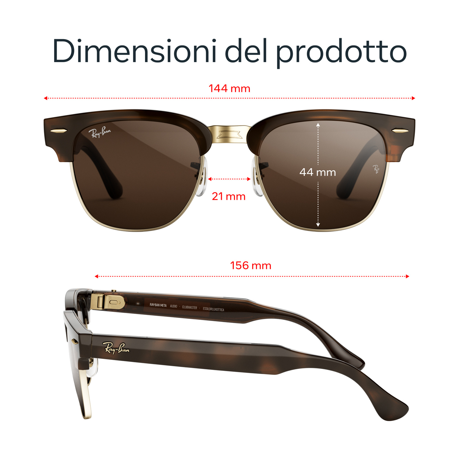 Disegno tecnico di occhiali da sole Ray-Ban con dimensioni.