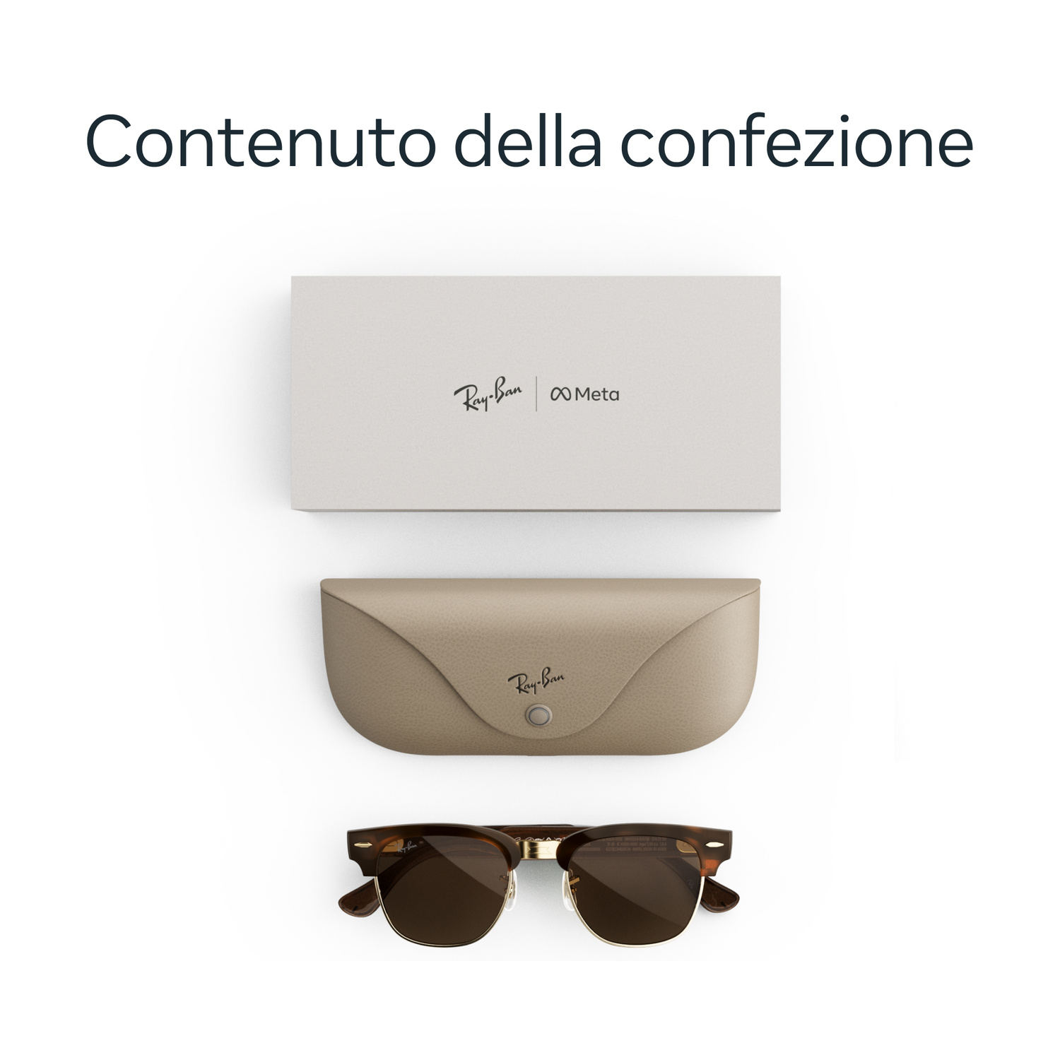 Contenuto della confezione con scatola Ray-Ban Meta, astuccio beige e occhiali da sole marroni.
