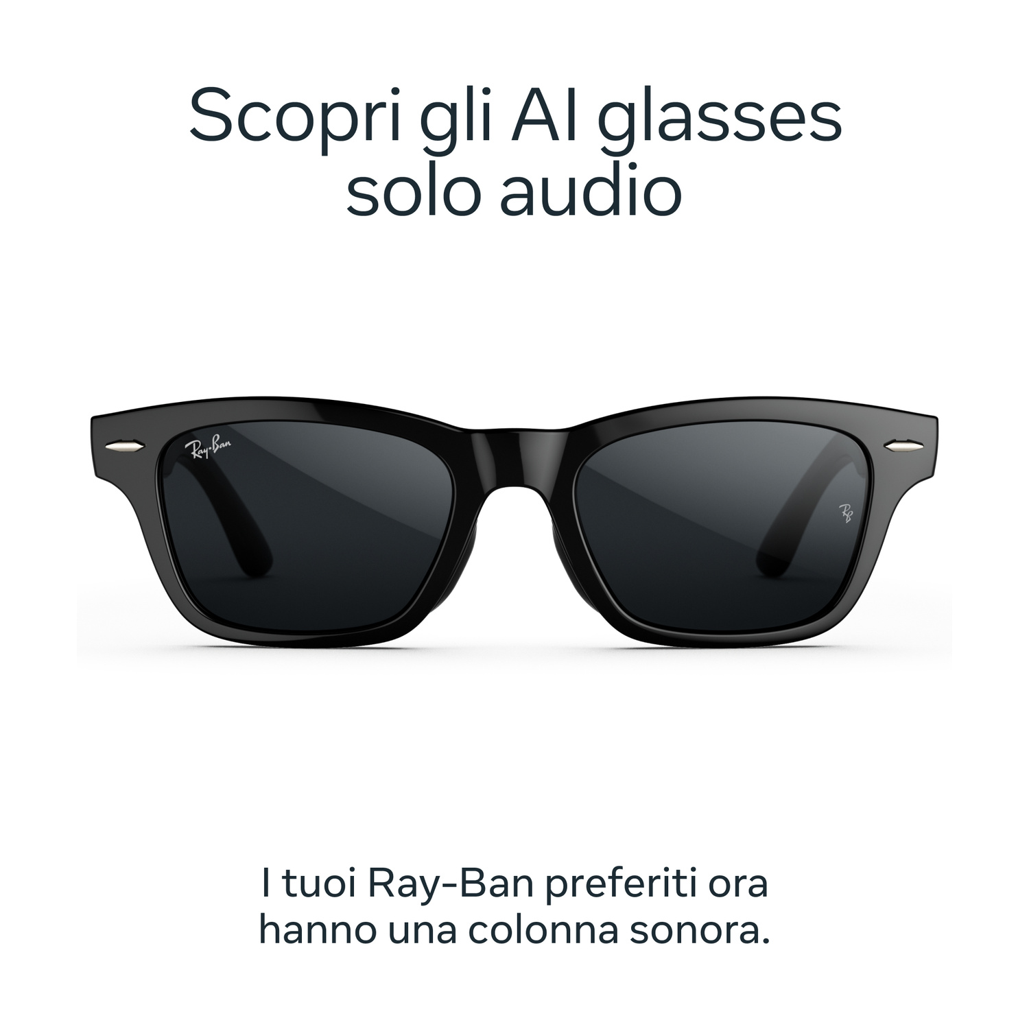 Occhiali da sole Ray-Ban neri su sfondo bianco con testo promozionale.